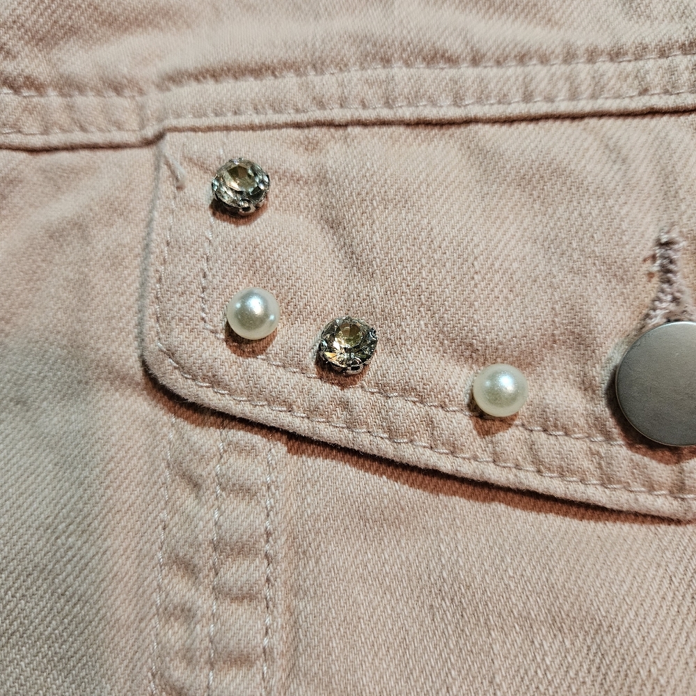 BiBi blush pearl/bling distressed denim jacket. Size small - Picture 6 of 7